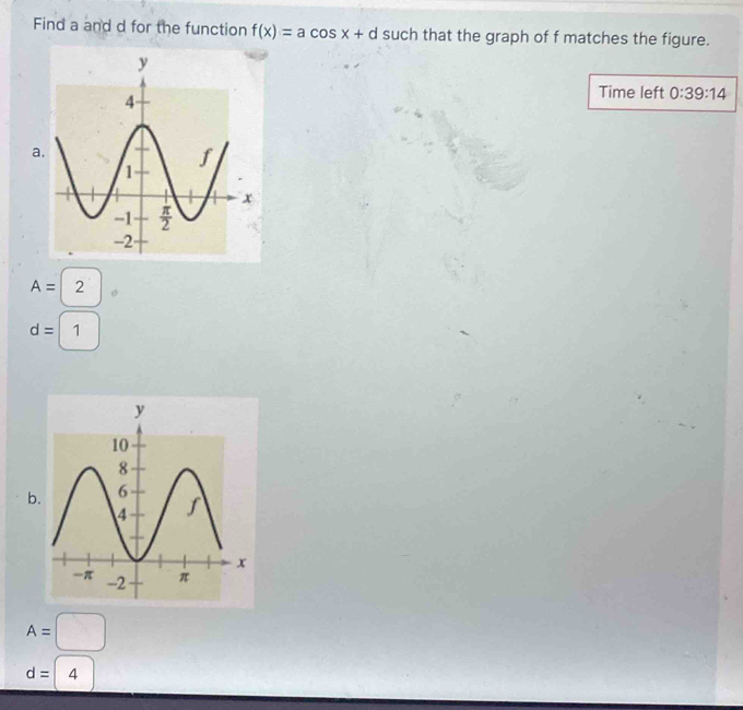 Find a and d for the function f(x)=acos x+d such that the graph of f matches the figure.
Time left 0:39:14
a.
A= 2
d= 1
b.
A=□
d=boxed 4