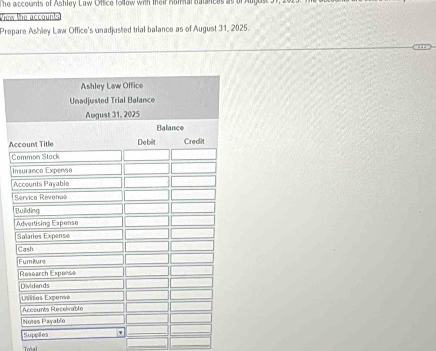 The accounts of Ashley Law Office follow with their normal balances as of August 91
View the accounts 
Prepare Ashley Law Office's unadjusted trial balance as of August 31, 2025. 
A 
C 
I 
Total 
_