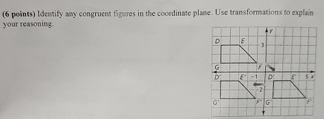 Identify any congruent figures in the coordinate plane. Use transformations to explain
your reasoning.