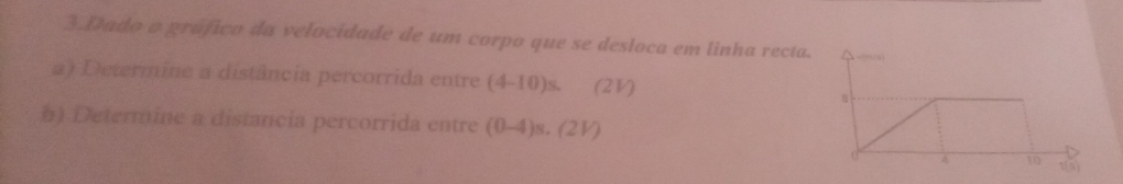 Dado o gráfico da velocidade de um corpo que se desloca em linha recta. 
a) Determine a distância percorrida entre (4-10)s. (21)
s
b) Determine a distancia percorrida entre (0-4)s.(2V)
α 4 10