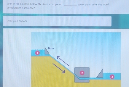 Look at the diagram below. This is an example of a
completes the sentence? _power plant. What one word
Enter your answer
Dam
1
2