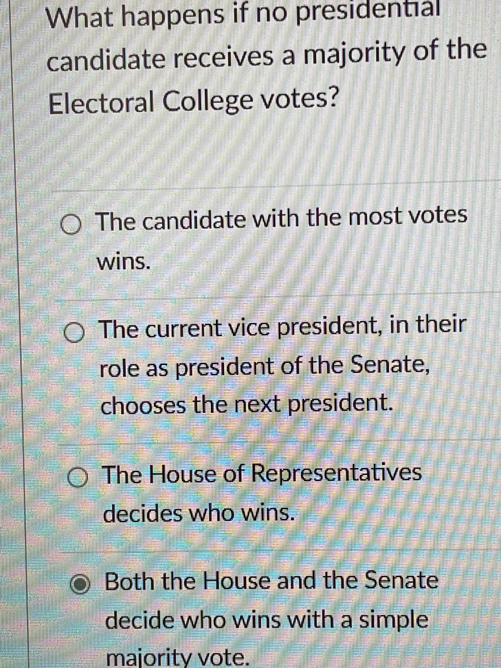 What happens if no presidental
candidate receives a majority of the
Electoral College votes?
The candidate with the most votes
wins.
The current vice president, in their
role as president of the Senate,
chooses the next president.
The House of Representatives
decides who wins.
Both the House and the Senate
decide who wins with a simple
majority vote.