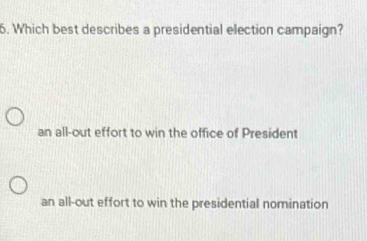 Which best describes a presidential election campaign?
an all-out effort to win the office of President
an all-out effort to win the presidential nomination