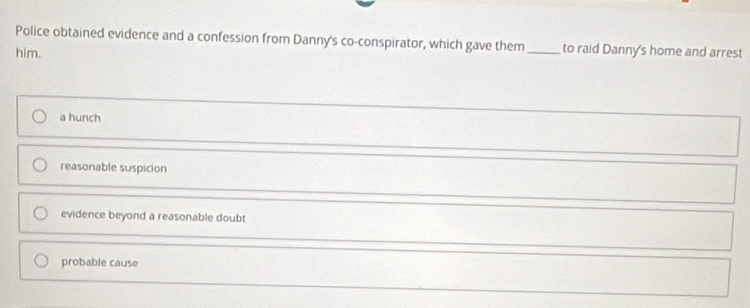 Police obtained evidence and a confession from Danny's co-conspirator, which gave them_ to raid Danny's home and arrest
him.
a hunch
reasonable suspicion
evidence beyond a reasonable doubt
probable cause