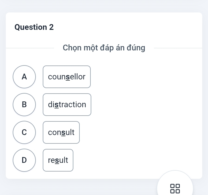 Chọn một đáp án đúng
A counsellor
B distraction
C consult
D result