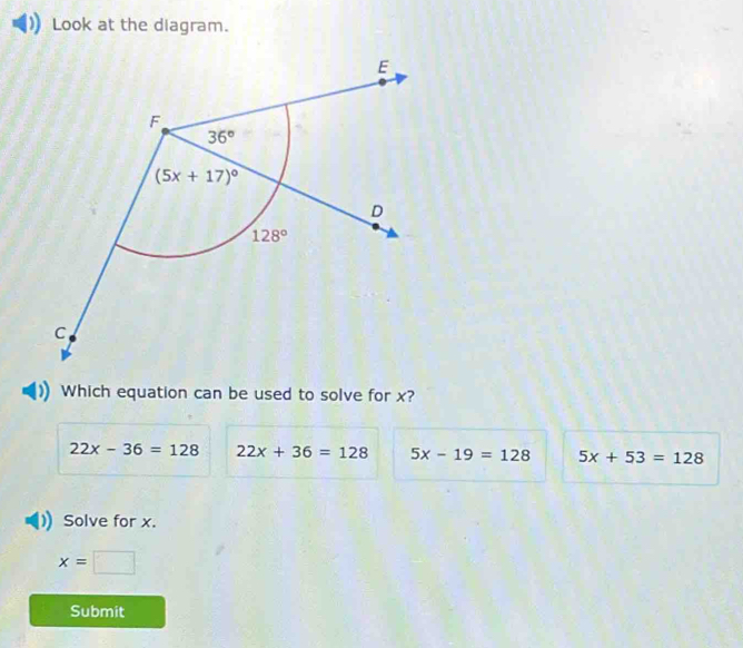 Look at the diagram.
Which equation can be used to solve for x?
22x-36=128 22x+36=128 5x-19=128 5x+53=128
Solve for x.
x=□
Submit