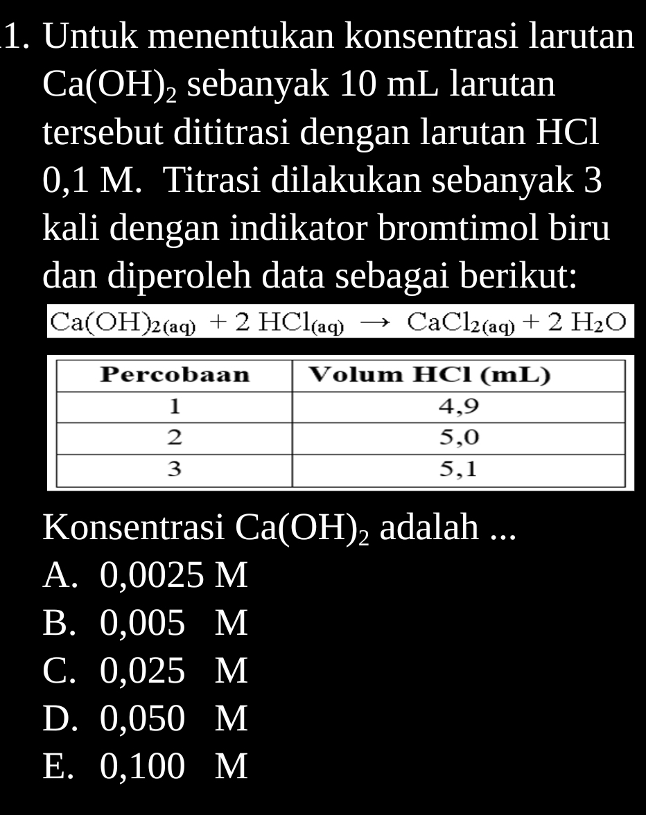 Untuk menentukan konsentrasi larutan
Ca(OH)_2 sebanyak 10 mL larutan
tersebut dititrasi dengan larutan HCl
0,1 M. Titrasi dilakukan sebanyak 3
kali dengan indikator bromtimol biru
dan diperoleh data sebagai berikut:
Ca(OH)_2(aq)+2HCl_(aq)to CaCl_2(aq)+2H_2O
Konsentrasi Ca(OH)_2 adalah ...
A. 0,0025 M
B. 0,005 M
C. 0,025 M
D. 0,050 M
E. 0,100 M