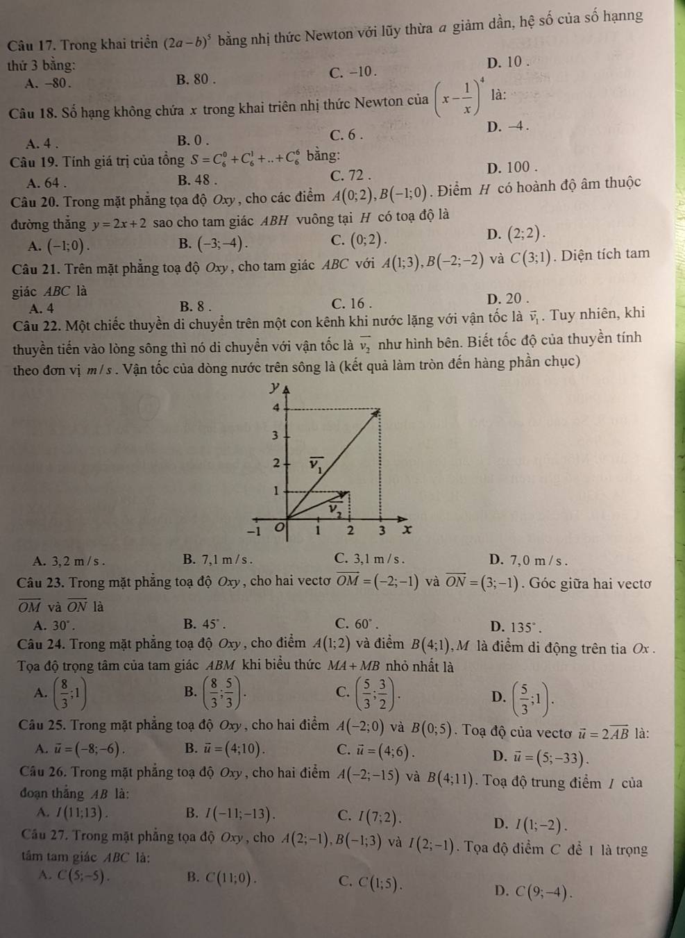 Trong khai triển (2a-b)^5 bằng nhị thức Newton với lũy thừa a giảm dần, hệ số của số hạnng
thứ 3 bằng: D. 10 .
A. -80. B. 80 . C. -10 .
Câu 18. Số hạng không chứa x trong khai triên nhị thức Newton của (x- 1/x )^4 là:
C. 6 .
A. 4 . B. 0 . D. -4 .
Câu 19. Tính giá trị của tổng S=C_6^(0+C_6^1+..+C_6^ bằng:
A. 64 . B. 48 . C. 72 .
D. 100 .
Câu 20. Trong mặt phẳng tọa độ Oxy , cho các điểm A(0;2),B(-1;0).  Điểm H có hoành độ âm thuộc
đường thẳng y=2x+2 sao cho tam giác ABH vuông tại H có toạ độ là
A. (-1;0). B. (-3;-4). C. (0;2).
D. (2;2).
Câu 21. Trên mặt phẳng toạ độ Oxy, cho tam giác ABC với A(1;3),B(-2;-2) và C(3;1). Diện tích tam
giác ABC là
A. 4 B. 8 . C. 16 . D. 20 .
Câu 22. Một chiếc thuyền di chuyển trên một con kênh khi nước lặng với vận tốc là vector v)_1. Tuy nhiên, khi
thuyền tiến vào lòng sông thì nó di chuyển với vận tốc là vector v_2 như hình bên. Biết tốc độ của thuyền tính
theo đơn vị m/s . Vận tốc của dòng nước trên sông là (kết quả làm tròn đến hàng phần chục)
A. 3, 2 m / s . B. 7,1 m / s . C. 3,1 m / s . D. 7, 0 m / s .
Câu 23. Trong mặt phẳng toạ độ Oxy , cho hai vectơ vector OM=(-2;-1) và vector ON=(3;-1). Góc giữa hai vectơ
overline OM và overline ON là
B.
A. 30°. 45°. C. 60°. D. 135°.
Câu 24. Trong mặt phẳng toạ độ Oxy , cho điểm A(1;2) và điểm B(4;1) M là điểm di động trên tia Ox .
Tọa độ trọng tâm của tam giác ABM khi biểu thức MA+MB nhỏ nhất là
B.
C.
A. ( 8/3 ;1) ( 8/3 ; 5/3 ). ( 5/3 ; 3/2 ). ( 5/3 ;1).
D.
Câu 25. Trong mặt phẳng toạ độ Oxy, cho hai điểm A(-2;0) và B(0;5). Toạ độ của vectơ vector u=2vector AB là:
A. vector u=(-8;-6). B. vector u=(4;10). C. vector u=(4;6).
D. vector u=(5;-33).
Câu 26. Trong mặt phẳng toạ độ Oxy , cho hai điểm A(-2;-15) và B(4;11) Toạ độ trung điểm / của
đoạn thắng AB là:
A. I(11;13). B. I(-11;-13). C. I(7;2).
D. I(1;-2).
Cầu 27. Trong mặt phẳng tọa độ Oxy , cho A(2;-1),B(-1;3) và I(2;-1).  Tọa độ điểm C để 1 là trọng
tâm tam giác ABC là:
A. C(5;-5). B. C(11;0).
C. C(1;5).
D. C(9;-4).