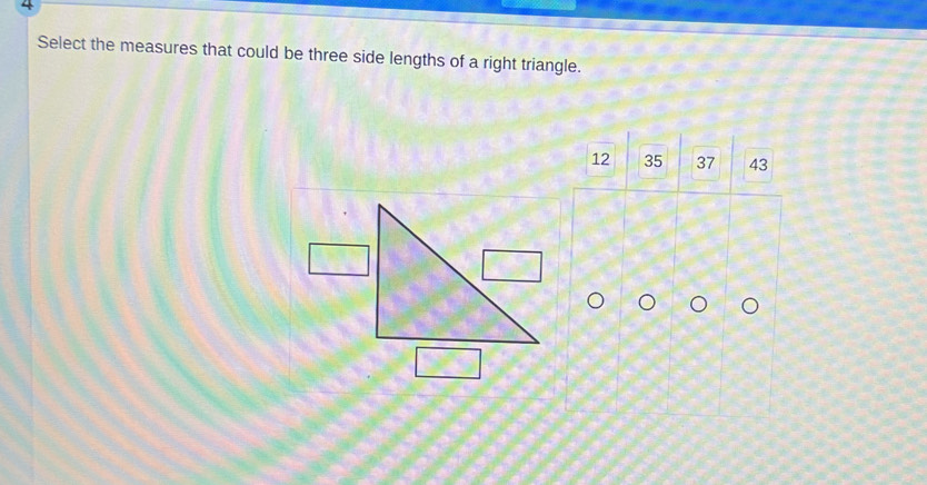 Select the measures that could be three side lengths of a right triangle.