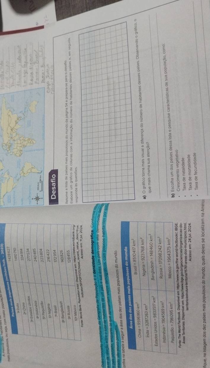 A margna dos nãb to ntes
mais pom malor população a
s/hab. - 2023)
D
Desafio
Retome a lista de países mais populosos do mundo da página 54 e prepare-se para o desafo.
Elabore um gráfico de colunas com a informação do número de habitantes desses países e, em seguida.
responda às questões.
Ostro conceito importante da Geografia da População é a densidade demográfica. Conforme em
e da relação entre o total de habitantes de um país e sua área. Um país com alta densidade der
as povoado, enquante os que apresentem vazios demográficos, com poucos habitantes por qus
s ado, são pouco povoedos
Co mais populosos do mundo.
a) O gráfico torna mais visual a diferença do número de habitantes desses países. Observando o gráfico, o
que mais chama sua atenção?
_
Fonte: The World Factbook. Disponível e b) Escolha um dos países dessa lista e pesquise características de sua população, como:
Areas Territoriais. Disponivel em: https://www.ibge.gov.br/geociencias/organizacao-do- Crescimento vegetativo
territorio/estrutura-territorial/15761-areas-dos-municipios.html. Taxa de natalidade
_
Acesso em: 24 jul. 2024. Taxa de mortalidade
lifique, na listagem dos dez países maís populosos do mundo, quaís deles se localizam na América Taxa de fecundidade_