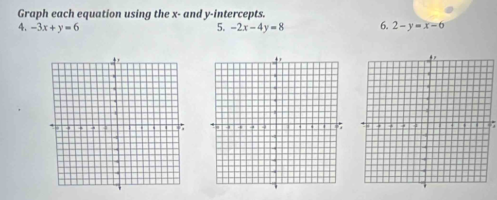 Graph each equation using the x - and y-intercepts.
4. -3x+y=6 5. -2x-4y=8 6. 2-y=x-6