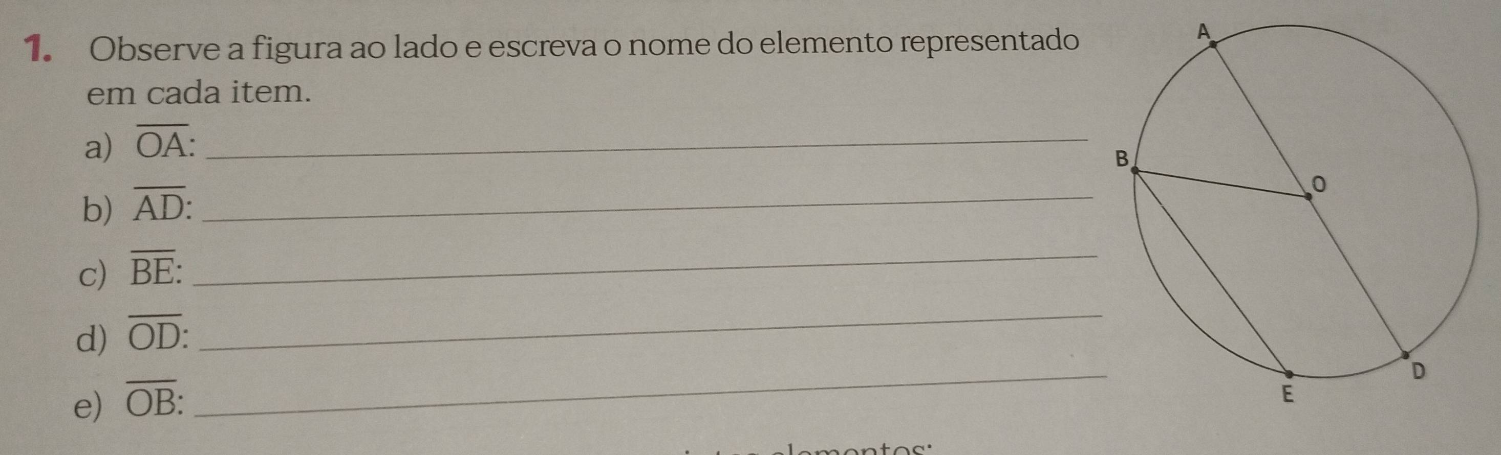 Observe a figura ao lado e escreva o nome do elemento representado 
em cada item. 
a) overline OA : _ 
b) overline AD : _ 
c) overline BE : _ 
_ 
_ 
d) overline OD : 
e) overline OB :