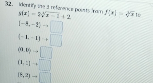 Identify the 3 reference points from g(x)=2sqrt[3](x-1)+2. f(x)=sqrt[3](x) to
(-8,-2) □
(-1,-1) -
(0,0)
(1,1)
(8,2) □ 