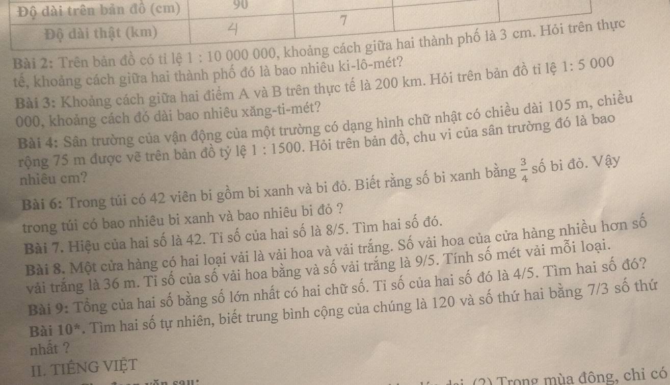 Độ dài trên bản đồ (cm) 90
Độ dài thật (km)
4
7
Bài 2: Trên bản đồ có tỉ lệ 1 : 10 000 000, khoảng cách giữa hai thành phố là 3 cm. Hỏi trên thực
tê, khoảng cách giữa hai thành phố đó là bao nhiêu ki-lô-mét?
Bài 3: Khoảng cách giữa hai điểm A và B trên thực tế là 200 km. Hỏi trên bản đồ tỉ lệ 1:5000
000, khoảng cách đó dài bao nhiêu xăng-ti-mét?
Bài 4: Sân trường của vận động của một trường có dạng hình chữ nhật có chiều dài 105 m, chiều
rộng 75 m được vẽ trên bản đồ tỷ lệ 1:1500. Hỏi trên bản đồ, chu vi của sân trường đó là bao
nhiêu cm?
Bài 6: Trong túi có 42 viên bi gồm bi xanh và bi đỏ. Biết rằng số bi xanh bằng  3/4  số bi đỏ. Vậy
trong túi có bao nhiêu bi xanh và bao nhiêu bi đỏ ?
Bài 7. Hiệu của hai số là 42. Tỉ số của hai số là 8/5. Tìm hai số đó.
Bài 8. Một cửa hàng có hai loại vải là vải hoa và vải trắng. Số vải hoa của cửa hàng nhiều hơn số
vải trắng là 36 m. Tỉ số của số vải hoa bằng và số vải trắng là 9/5. Tính số mét vải mỗi loại.
Bài 9: Tổng của hai số bằng số lớn nhất có hai chữ số. Tỉ số của hai số đó là 4/5. Tìm hai số đó?
Bài 10^*. Tìm hai số tự nhiên, biết trung bình cộng của chúng là 120 và số thứ hai bằng 7/3 số thứ
nhất ?
II. TIÊNG VIỆT
(2) Trong mùa đông, chỉ có