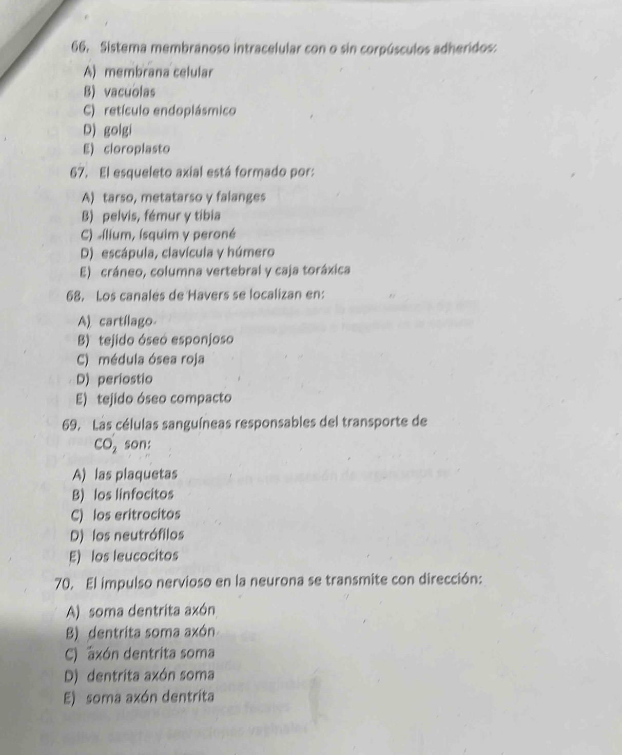 Sistema membranoso intracelular con o sin corpúsculos adheridos:
A) membrana celular
B) vacuolas
C) retículo endoplásmico
D) golgi
E) cloroplasto
67. El esqueleto axial está formado por:
A) tarso, metatarso y falanges
B) pelvis, fémur y tíbia
C) «ílium, ísquim y peroné
D) escápula, clavícula y húmero
E) cráneo, columna vertebral y caja toráxica
68. Los canalés de Havers se localizan en:
A) cartílago
B) tejido óseó esponjoso
C) médula ósea roja
D) periostio
E) tejido óseo compacto
69. Las células sanguíneas responsables del transporte de
Co, son:
A) las plaquetas
B) los linfocitos
C) los eritrocitos
D) los neutrófilos
E) los leucocitos
70. El impulso nervioso en la neurona se transmite con dirección:
A) soma dentrita axón
B) dentrita soma axón
C) xón dentrita soma
D) dentrita axón soma
E) soma axón dentrita