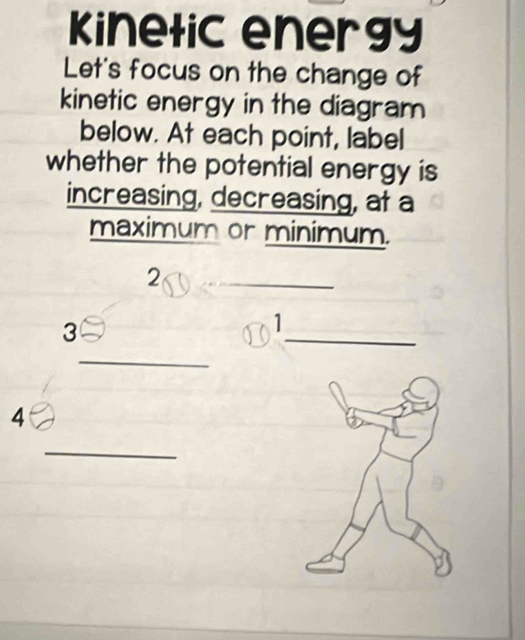 Kinetic energy 
Let's focus on the change of 
kinetic energy in the diagram 
below. At each point, label 
whether the potential energy is 
increasing, decreasing, at a 
maximum or minimum. 
2 
3 
_ 
1 
_ 
4 
_