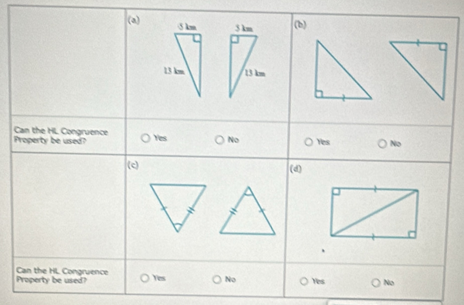 (a) (b)


Can the HL Congruence Yes No
Property be used? Yes
No
(c) (d)
、
Can the HL Congruence
Property be used? Yes No Yes
No