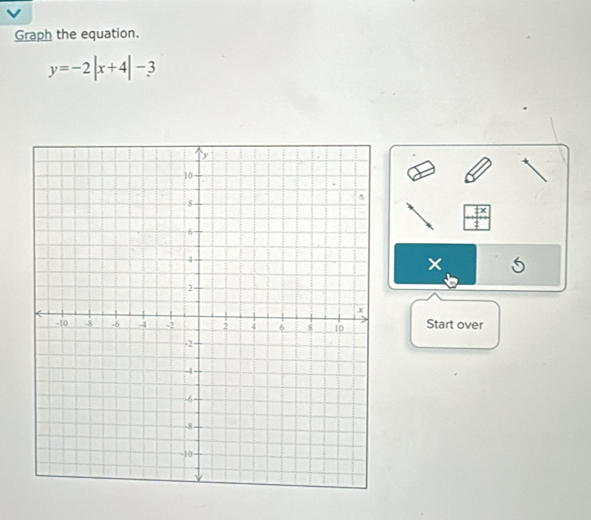 Graph the equation.
y=-2|x+4|-3
Start over