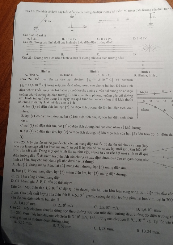 Các hình về dưới đây biểu diễn vector cường độ điện trường tại điểm M trong điện trường của điện tích Q
   
,.,.
Các hình vệ sai là
A. l và II. B. III và IV.
Câu 22: Trong các hình dưới đây hình nào biểu diễn điện trường đều? C. II và IV. D. I và IV,
A.
B.
C.
D.
Cầu 23: Đường sức điện nào ở hình vẽ bên là đường sức của điện trường đều?
Hình a Hình b Hình c
A. Hinh A. B. Hình B. C. Hinh C. D. Hình a, hình c.
Câu 24: Kết quả tán xạ của hạt electron (q_1=-1,6.10^(-19)C) và positron
(q_2=+1,6.10^(-19) C) trong máy gia tốc ở năng lượng cao cho ra hai hạt. Để xác định
điện tích và khổi lượng của hai hạt này người ta cho chúng đi vào hai buồng đo có điện Beồng đe 1 (1)
trường đều và cường độ điện trường  E như nhau theo phương vuông góc với đường
sức. Hình ảnh quỹ đạo trong 1 s ngay sau quả trình tần xạ với cùng tỉ lệ kích thước 02
như hình dưới đây. Hai quỹ đạo cho ta biết 1,4 1,6 1
A. hạt (1) có điện tích âm, hạt (2) có điện tích dương, độ lớn hai điện tích khác
nhau. Bưồng đe 1 (1)
B. hạt (1) có điện tích dương, hạt (2)có điện tích âm, độ lớn hai điện tích khác
nhau.
C. hạt (1) có điện tích âm, hạt (2) có điện tích dương, hai hạt khác nhau về khối lượng.
D. hạt (1) có điện tích âm, hạt (2)có điện tích dương, độ lớn điện tích của hạt (2) lớn hơn độ lớn điện tíc
(1).
Câu 25: Máy gia tốc có thể gia tốc cho các hạt mang điện tới tốc độ đủ lớn rồi cho va chạm (hay
còn gọi là tán xạ) với hạt khác mà người ta gọi là hạt bia đề tạo ra các hạt mới giúp tìm hiểu cầu
trúc của vật chất. Trong một quá trình tần xạ như vậy, người ta cho các hạt mới sinh ra đi qua
điện trường đều vector E để kiểm tra điện tích của chúng và xác định được quỹ đạo chuyển động như
hình vẽ bên. Hãy cho biết đánh giá nào dưới đây là đúng?
A. Hạt (1) không mang điện, hạt (2) mang điện dương, hạt (3) mang điện âm.
B. Hạt (1) không mang điện, hạt (2) mang điện âm, hạt (3) mang điện đương.
C. Cả 3 hạt cùng không mang điện.
D. Cá 3 đánh giá A, B, C đều có thể xây ra.
Câu 26: Một điện tích 1,2.10^(-2)C đặt tại bản dương của hai bản kim loại song song tích điện trái dấu các
2 cm. Cho biết khối lượng của điện tích là 4,5.10^(-6) gram, cường độ điện trường giữa hai bản kim loại là 300
Vận tốc của điện tích tại bản âm là
A. 1,8.10^4 m/s. B. 2.10^4m/s C. 2,5.10^4 m/s. D. 1,6.10^4m/s.
Câu 27: Một electron chuyển động dọc theo đường sức của một điện trường đều, cường độ điện trường có 9,1.10^(-31)kg. Tại lúc vận t
E=200 V/m. Tốc ban đầu của electrôn là 3.10^5m/ s, khổi lượng của electron là
không thì nô đã đi được đoạn đường bằng
A. 5,12 mm. B. 2 56 mm. C. 1,28 mm. D. 10, 24 mm.
8