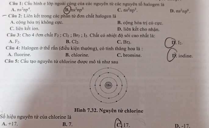 Cấu hình e lớp ngoài cùng của các nguyên tử các nguyên tố halogen là
A. ns^2np^4. B. hs^2np^(5.) C. ns^2np^3. D. ns^2np^6. 
Câu 2: Liên kết trong các phần tử đơn chất halogen là
A. cộng hóa trị không cực. B. cộng hóa trị có cực.
C. liên kết ion. D. liên kết cho nhận.
Câu 3: Cho 4 đơn chất F_2; Cl_2 ;Br_2; I_2 :. Chất có nhiệt độ sôi cao nhất là:
A. F_2. B. Cl_2. C. Br2. D. I_2. 
Câu 4: Halogen ở thể rắn (điều kiện thường), có tính thăng hoa là :
A. fluorine. B. chlorine. C. bromine. D iodine.
Cầu 5: Cấu tạo nguyên tử chlorine được mô tả như sau
Hình 7.32. Nguyên tử chlorine
Số hiệu nguyên tử của chlorine là
A. +17. B. 7. C. 17. D. -17.