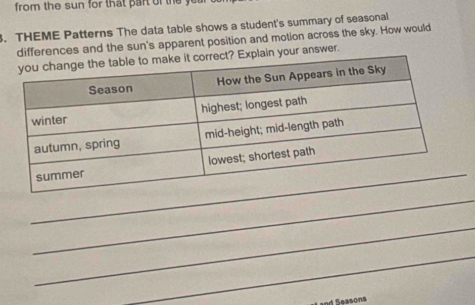 from the sun for that part of the ye 
. THEME Patterns The data table shows a student's summary of seasonal 
differences and the sun's apparent position and motion across the sky. How would 
ain your answer. 
_ 
_ 
_ 
_ 
t and Seasons