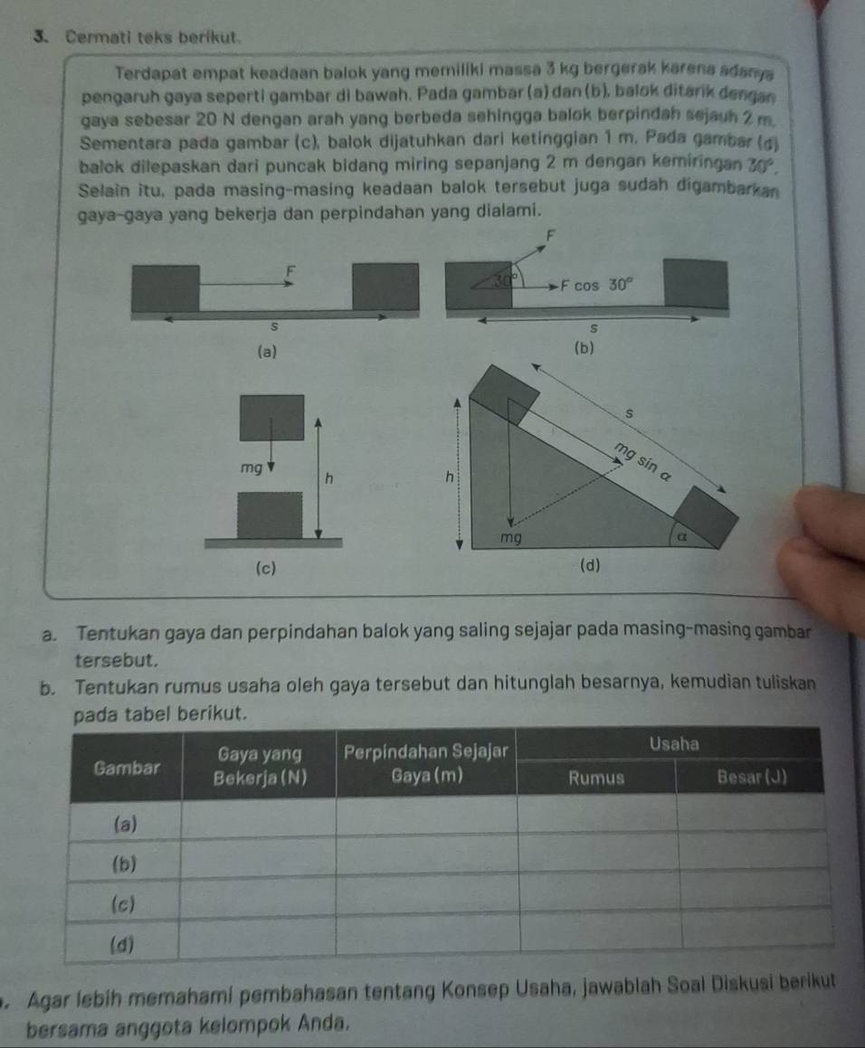 Cermati teks berikut 
Terdapat empat keadaan balok yang memiliki massa 3 kg bergerak karena adanya 
pengaruh gaya seperti gambar di bawah. Pada gambar (a) dan (b), balok ditarik dengan 
gaya sebesar 20 N dengan arah yang berbeda sehingga balok berpindah sejauh 2 m. 
Sementara pada gambar (c), balok dijatuhkan dari ketinggian 1 m. Pada gambar (4) 
balok dilepaskan dari puncak bidang miring sepanjang 2 m dengan kemiringan 30°. 
Selain itu, pada masing-masing keadaan balok tersebut juga sudah digambarkan 
gaya-gaya yang bekerja dan perpindahan yang dialami.
F
F
11 F cos 30°
s 
s 
(a) (b) 
s 
mg sin a
mg h
h
mg
a 
(c) (d) 
a. Tentukan gaya dan perpindahan balok yang saling sejajar pada masing-masing gambar 
tersebut. 
b. Tentukan rumus usaha oleh gaya tersebut dan hitunglah besarnya, kemudian tuliskan 
bel berikut. 
Agar lebíh memahamí pembahasan tentang Konsep Usaha, jawablah Soal Diskusi berikut 
bersama anggota kelompok Anda.