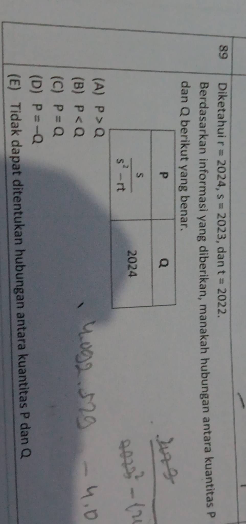 Diketahui r=2024,s=2023 , dan t=2022.
Berdasarkan informasi yang diberikan, manakah hubungan antara kuantitas P
dan Q berikut yang benar.
(A) P>Q
(B) P
(C) P=Q
(D) P=-Q
(E) Tidak dapat ditentukan hubungan antara kuantitas P dan Q