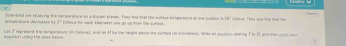 Catolline 

Scientists are studying the temperature on a distant planet. They find that the surface temperature at one location is 30° Celsius. They also find that the 
temperature decreases by 5° Celsius for each kilometer you go up from the surface. 
Let Trepresent the temperature (in Celsius), and let / be the height above the surface (in kilometers). Write an equation relating Tto //, and then graph your 
equation using the axes below.