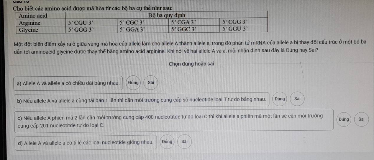 Cho biết các amia từ các bộ ba cụ thể như sau:
Một đột biến điểm xảy ra ở giữa vùng mã hóa của allele làm cho allele A thành allele a, trong đó phân tử mRNA của allele a bị thay đối cấu trúc ở một bộ ba
dần tới aminoacid glycine được thay thế bằng amino acid arginine. Khi nói về hai allele A và a, mối nhận định sau đây là Đúng hay Sai?
Chọn đúng hoặc sai
a) Allele A và allele a có chiều dài băng nhau. Đúng Sai
b) Nếu allele A và allele a cùng tái bản 1 lần thì cần môi trường cung cấp số nucleotide loại T tự do bằng nhau. Đúng Sai
c) Nếu allele A phiên mã 2 lần cần môi trường cung cấp 400 nucleotitde tự do loại C thì khi allele a phiên mã một lần sẽ cần môi trường Đúng Sai
cung cấp 201 nucleotitde tự do loại C.
d) Allele A và allele a có tỉ lệ các loại nucleotide giống nhau. Đúng Sai