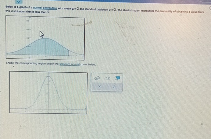 Below is a graph of a normal distribution with mean mu =2 and standard deviation sigma =2. The shaded region represents the probability of obtaining a value from 
this distribution that is less than 5. 
Shade the corresponding region under the standard normal curve below. 
5