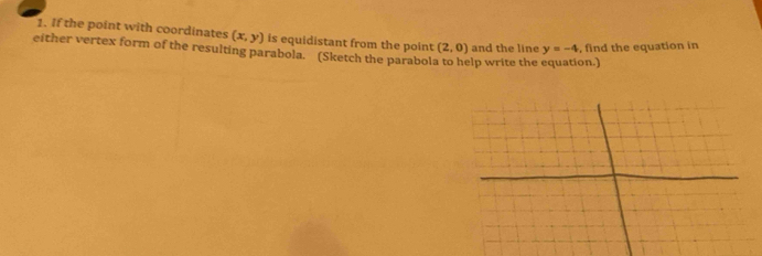 If the point with coordinates (x,y) is equidistant from the point (2,0) and the line y=-4 , find the equation in 
either vertex form of the resulting parabola. (Sketch the parabola to help write the on.)