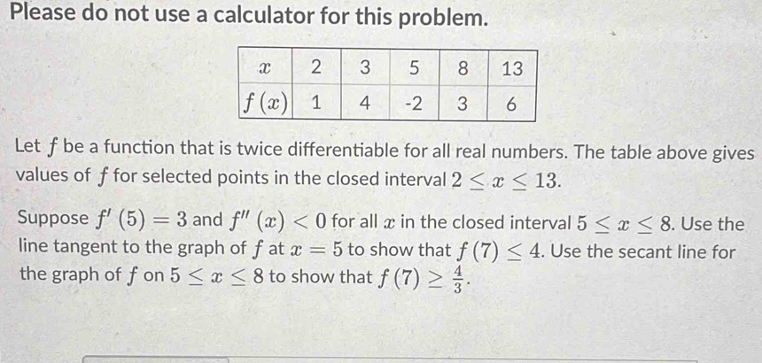 Please do not use a calculator for this problem.
Let f be a function that is twice differentiable for all real numbers. The table above gives
values of f for selected points in the closed interval 2≤ x≤ 13.
Suppose f'(5)=3 and f''(x)<0</tex> for all x in the closed interval 5≤ x≤ 8. Use the
line tangent to the graph of f at x=5 to show that f(7)≤ 4. Use the secant line for
the graph of f on 5≤ x≤ 8 to show that f(7)≥  4/3 .