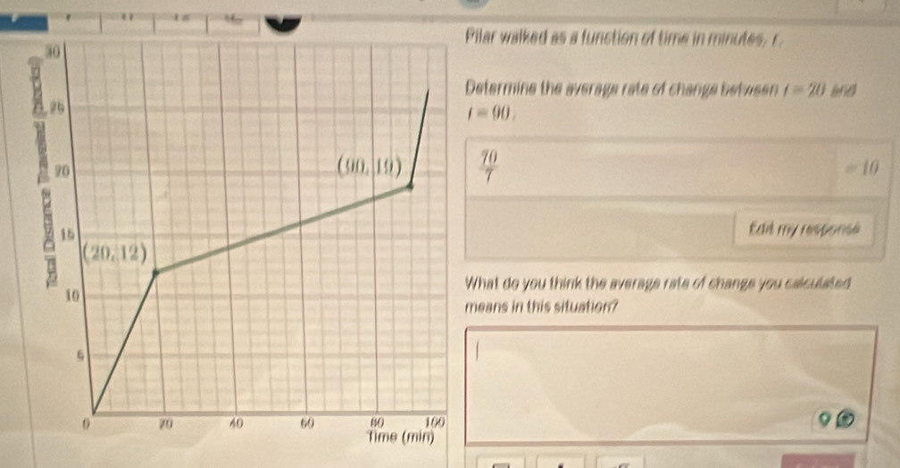 "
lar walked as a function of time in minutes, r
etermine the average rate of change between t=20 8nd
l=90.
 70/7 
0° ||
Edit my response
hat do you think the average rate of change you calculated
ans in this situation?