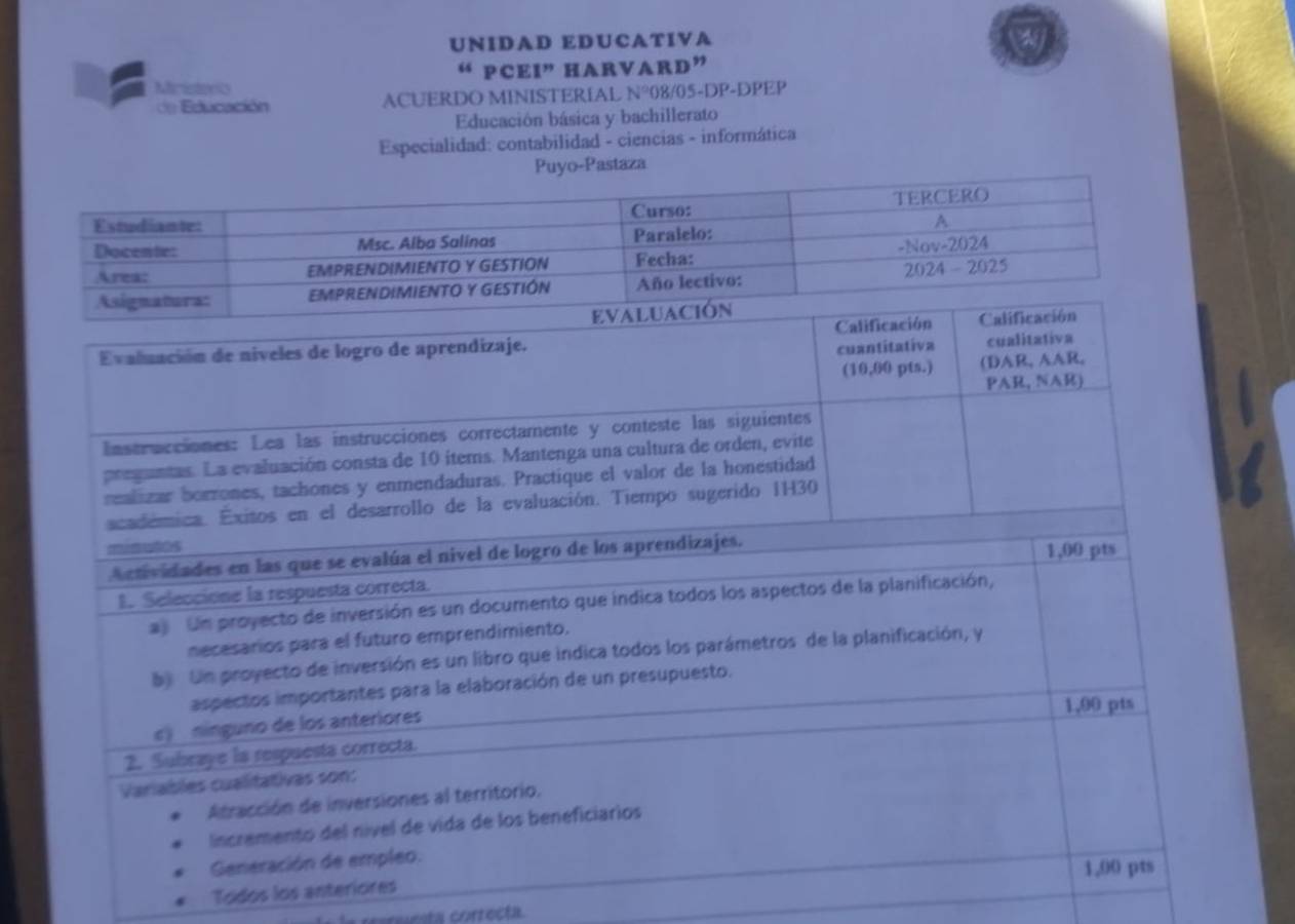 UNIDAD EDUCATIVA 
“ PCEI” HARVARD” 
Miristens 
e Educación ACUERDO MINISTERIAL N°08/05-DP-DPEP 
Educación básica y bachillerato 
Especialidad: contabilidad - ciencias - informática 
Puyo-Pastaza 
Todos los an