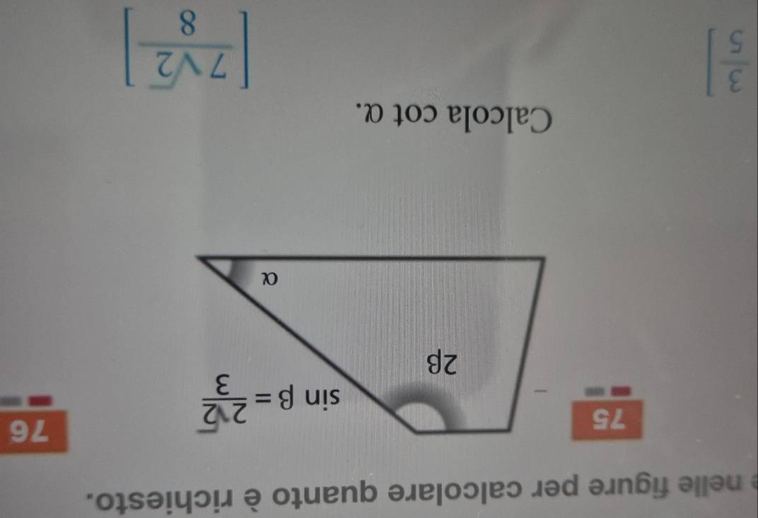 nelle figure per calcolare quanto è richiesto.
75
76
Calcola cot α.
 3/5 ]
[ 7sqrt(2)/8 ]