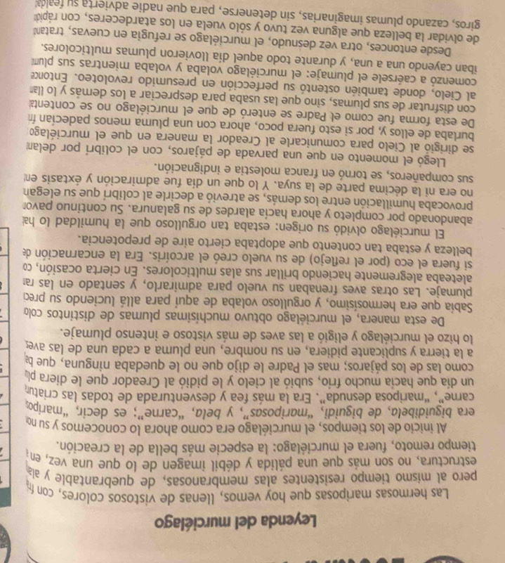 Leyenda del murciélago
Las hermosas mariposas que hoy vemos, llenas de vistosos colores, con fr
pero al mismo tiempo resistentes alas membranosas, de quebrantable y ala
estructura, no son más que una pálida y débil imagen de lo que una vez, en;
tiempo remoto, fuera el murciélago: la especie más bella de la creación.    
Al inicio de los tiempos, el murciélago era como ahora lo conocemos y su no
era biguidibela, de biguidi, “mariposas”, y bela, “carne”; es decir, “maripo
carne”, “mariposa desnuda”. Era la más fea y desventurada de todas las criatur
un día que hacía mucho frío, subió al cielo y le pidió al Creador que le diera pl
como las de los pájaros; mas el Padre le dijo que no le quedaba ninguna, que ba
a la tierra y suplicante pidiera, en su nombre, una pluma a cada una de las ave
lo hizo el murciélago y eligió a las aves de más vistoso e intenso plumaje.
De esta manera, el murciélago obtuvo muchísimas plumas de distintos colo
Sabía que era hermosísimo, y orgulloso volaba de aquí para allá luciendo su preci
plumaje. Las otras aves frenaban su vuelo para admirarlo, y sentado en las ra
aleteaba alegremente haciendo brillar sus alas multicolores. En cierta ocasión, co
si fuera el eco (por el reflejo) de su vuelo creó el arcoíris. Era la encarnación de
belleza y estaba tan contento que adoptaba cierto aire de prepotencia.
El murciélago olvidó su origen: estaba tan orgulloso que la humildad lo ha
abandonado por completo y ahora hacía alardes de su galanura. Su continuo pavor
provocaba humillación entre los demás, se atrevió a decirle al colibrí que su elegan
no era ni la décima parte de la suya. Y lo que un día fue admiración y éxtasis en
sus compañeros, se tornó en franca molestia e indignación.
Llegó el momento en que una parvada de pájaros, con el colibrí por delam
se dirigió al Cielo para comunicarle al Creador la manera en que el murciélago
burlaba de ellos y, por si esto fuera poco, ahora con una pluma menos padecían fri
De esta forma fue como el Padre se enteró de que el murciélago no se contenta
con disfrutar de sus plumas, sîno que las usaba para despreciar a los demás y lo lla
al Cielo, donde también ostentó su perfección en presumido revoloteo. Entonce
comenzó a caérsele el plumaje: el murciélago volaba y volaba mientras sus plum
iban cayendo una a una, y durante todo aquel día llovieron plumas multicolores.
Desde entonces, otra vez desnudo, el murciélago se refugia en cuevas, tratanó
de olvidar la belleza que alguna vez tuvo y sólo vuela en los atardeceres, con rápid
giros, cazando plumas imaginarias, sin detenerse, para que nadie advierta su feald