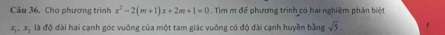 Cho phương trình x^2-2(m+1)x+2m+1=0. Tim m để phương trình có hai nghiệm phân biệt
x_1, x_2 là độ dài hai cạnh góc vuông của một tam giác vuông có độ dài cạnh huyền bằng sqrt(5).