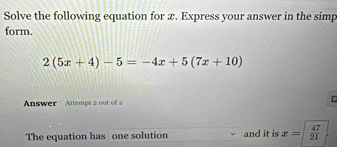 Solved: Solve the following equation for x. Express your answer in the ...