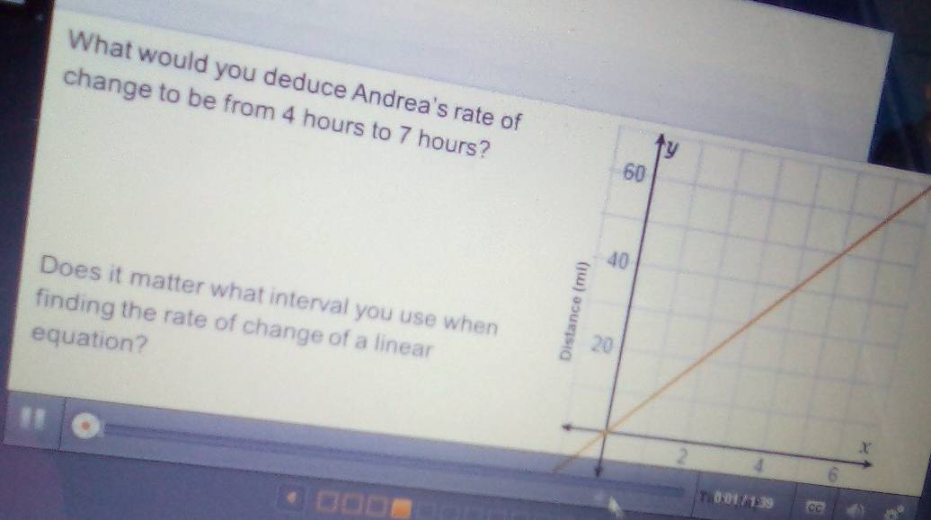 What would you deduce Andrea's rate of 
change to be from 4 hours to 7 hours? 
Does it matter what interval you use when 
finding the rate of change of a linear 
equation? 
:01 / 1:39 
1