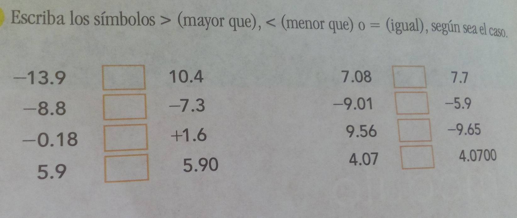 Escriba los símbolos (mayor que), (menor que) 0= (igual), según sea el caso.
-13.9 10.4 7.08 7.7
-8.8
-7.3 -9.01 -5.9
-0.18
+1.6
9.56 -9.65
4.07 4.0700
5.9
5.90