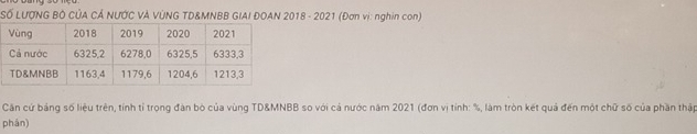 Số LượNG BÔ CủA CÁ NƯỚC VÀ VÚNG TD&MNBB GIAI ĐOAN 2018 - 2021 (Đơn vị: nghin con) 
Căn cứ bảng số liệu trên, tính tỉ trọng đàn bò của vùng TD&MNBB so với cả nước năm 2021 (đơn vị tính: %, làm tròn kết quả đến một chữ số của phần thập 
phán)