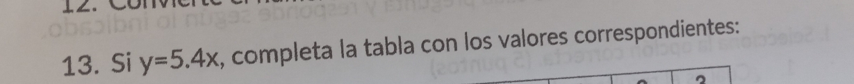 Si y=5.4x , completa la tabla con los valores correspondientes: 
^