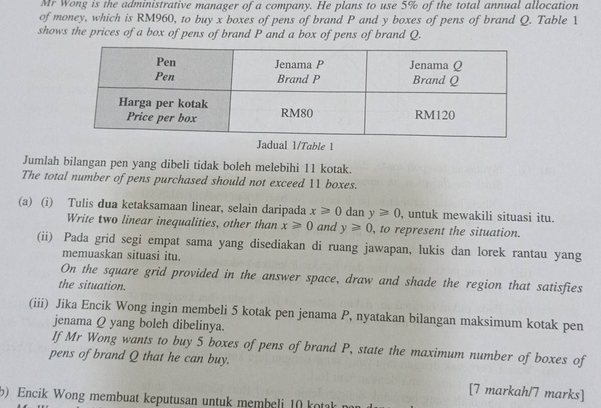 Mr Wong is the administrative manager of a company. He plans to use 5% of the total annual allocation 
of money, which is RM960, to buy x boxes of pens of brand P and y boxes of pens of brand Q. Table 1
shows the prices of a box of pens of brand P and a box of pens of brand Q. 
Jadual 1/Table 1 
Jumlah bilangan pen yang dibeli tidak boleh melebihi 11 kotak. 
The total number of pens purchased should not exceed 11 boxes. 
(a) (i) Tulis dua ketaksamaan linear, selain daripada x≥slant 0 dan y≥slant 0 , untuk mewakili situasi itu. 
Write two linear inequalities, other than x≥slant 0 and y≥slant 0, , to represent the situation. 
(ii) Pada grid segi empat sama yang disediakan di ruang jawapan, lukis dan lorek rantau yang 
memuaskan situasi itu. 
On the square grid provided in the answer space, draw and shade the region that satisfies 
the situation. 
(iii) Jika Encik Wong ingin membeli 5 kotak pen jenama P, nyatakan bilangan maksimum kotak pen 
jenama Q yang boleh dibelinya. 
If Mr Wong wants to buy 5 boxes of pens of brand P, state the maximum number of boxes of 
pens of brand Q that he can buy. 
[7 markah/7 marks] 
b) Encik Wong membuat keputusan untuk membeli 10 kotak n