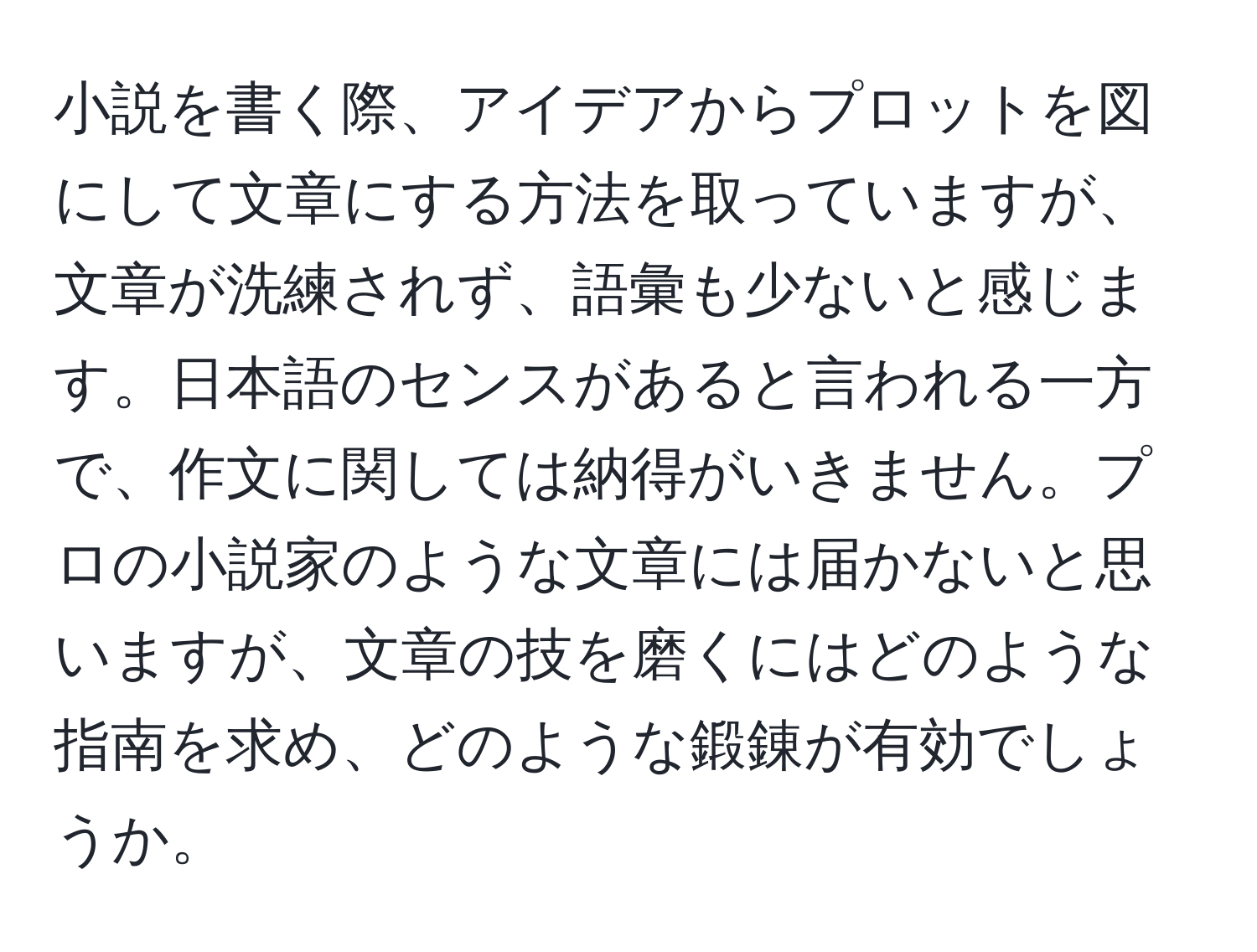 小説を書く際、アイデアからプロットを図にして文章にする方法を取っていますが、文章が洗練されず、語彙も少ないと感じます。日本語のセンスがあると言われる一方で、作文に関しては納得がいきません。プロの小説家のような文章には届かないと思いますが、文章の技を磨くにはどのような指南を求め、どのような鍛錬が有効でしょうか。