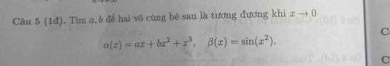 Cầu 5 (1đ). Tìm a, b để hai vô cùng bé sau là tương đương khi xto 0
C
alpha (x)=ax+bx^2+x^3, beta (x)=sin (x^2). 
C