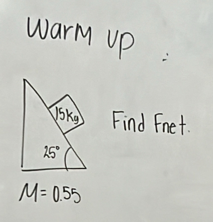 warm up:
Find Fnet.
M=0.55