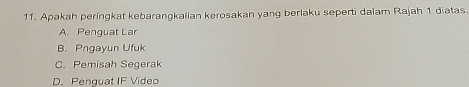 Apakah peringkat kebarangkalian kerosakan yang berlaku seperti dalam Rajah 1 diatas.
A. Penguat Lar
B. Pngayun Ufuk
C. Pemisah Segerak
D. Penguat IF Video