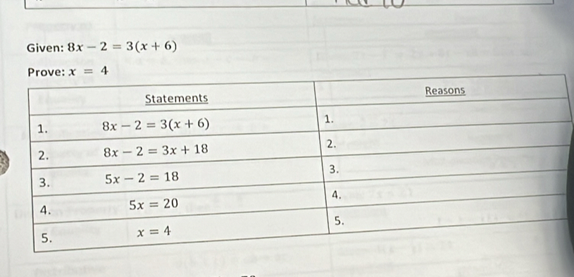 Given: 8x-2=3(x+6)