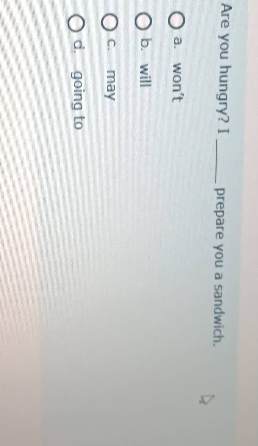Are you hungry? I _prepare you a sandwich.
a. won't
b. will
c. may
d. going to