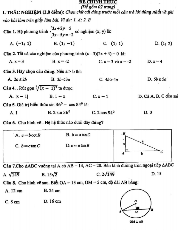 ĐÊ CHINH THỨC
(Đề gồm 02 trang)
I. TRÁC NGHIỆM (2,0 điễm): Chọn chữ cái đứng trước mỗi câu trả lời đúng nhất và ghi
vào bài làm trên giấy làm bài. Ví dụ: 1. A; 2. B
Câu 1. Hệ phương trình beginarrayl 3x+2y=5 3x-5y=-2endarray. có nghiệm (x;y) là:
A. (-1;1) B. (1;-1) C. (1;1) D. (1;2)
Câu 2. Tất cả các nghiệm của phương trình (x-3)(2x+4)=0 là:
A. x=3 B. x=-2 C. x=3 và x=-2 D. x=4
Câu 3. Hãy chọn câu đúng. Nếu a>b thì:
A. 2a≤ 2b B. 3b<3a</tex> C. 4b>4a D. 5b≥ 5a
Câu 4. . Rút gọn sqrt[3]((x-1)^3) ta được:
A. |x-1| B. 1-x C. x-1 D. Cả A, B, C đều sai
Câu 5. Giá trị biểu thức sin 36°-cos 54° là:
A. 1 B. 2sin 36° C. 2cos 54° D. 0
Câu 6. Cho hình vẽ . Hệ hệ thức nào dưới đây đúng?
A. c=bcot B B. b=atan C
C. b=ctan C D. c=atan B
Câu 7.Cho △ ABC vuông tại A có AB=14,AC=20. Bán kính đường tròn ngoại tiếp △ ABC
A. sqrt(149) B. 15sqrt(2) C. 2sqrt(149) D. 15
Câu 8. Cho hình vẽ sau. Biết OA=13cm,OM=5cm 1, độ dài AB bằng:
A. 12 cm B. 24 cm
C. 8 cm D. 16 cm